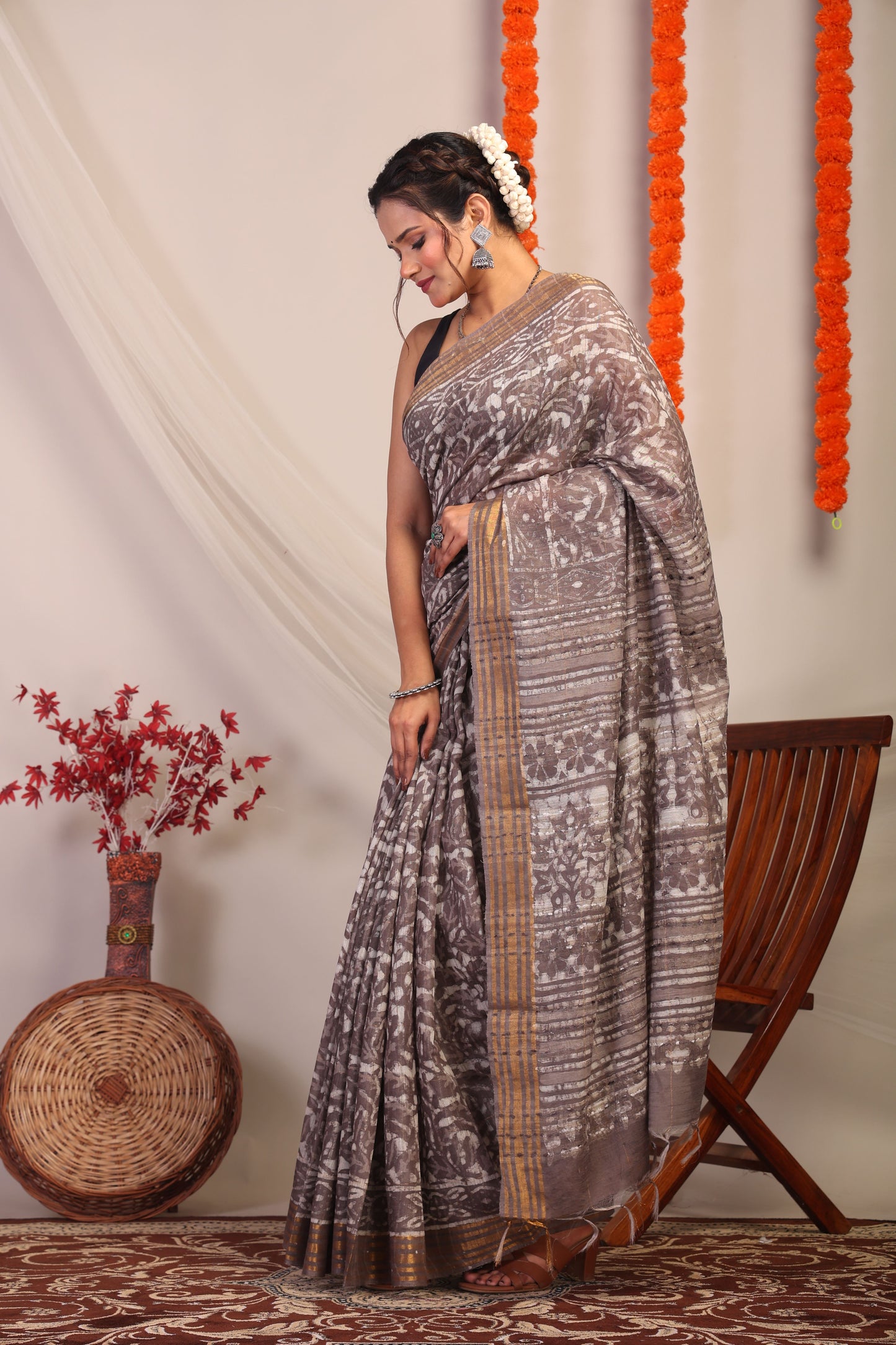 Anuttara Bhagalpuri Brown Cotton Silk Floral Saree with Unstitched Blouse_AFS1181-FS