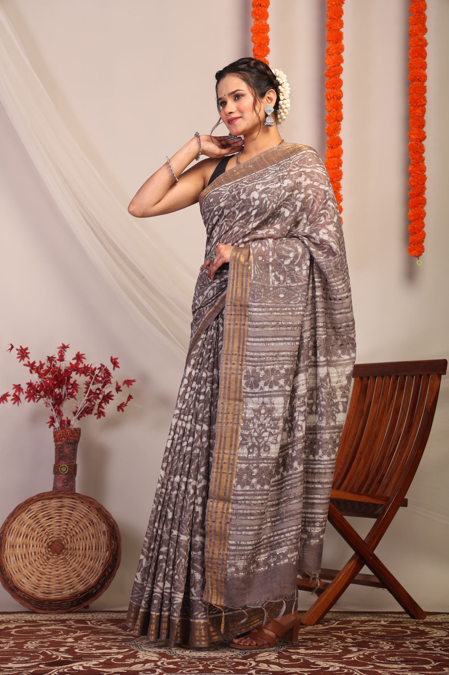 Anuttara Bhagalpuri Brown Cotton Silk Floral Saree with Unstitched Blouse_AFS1181-FS