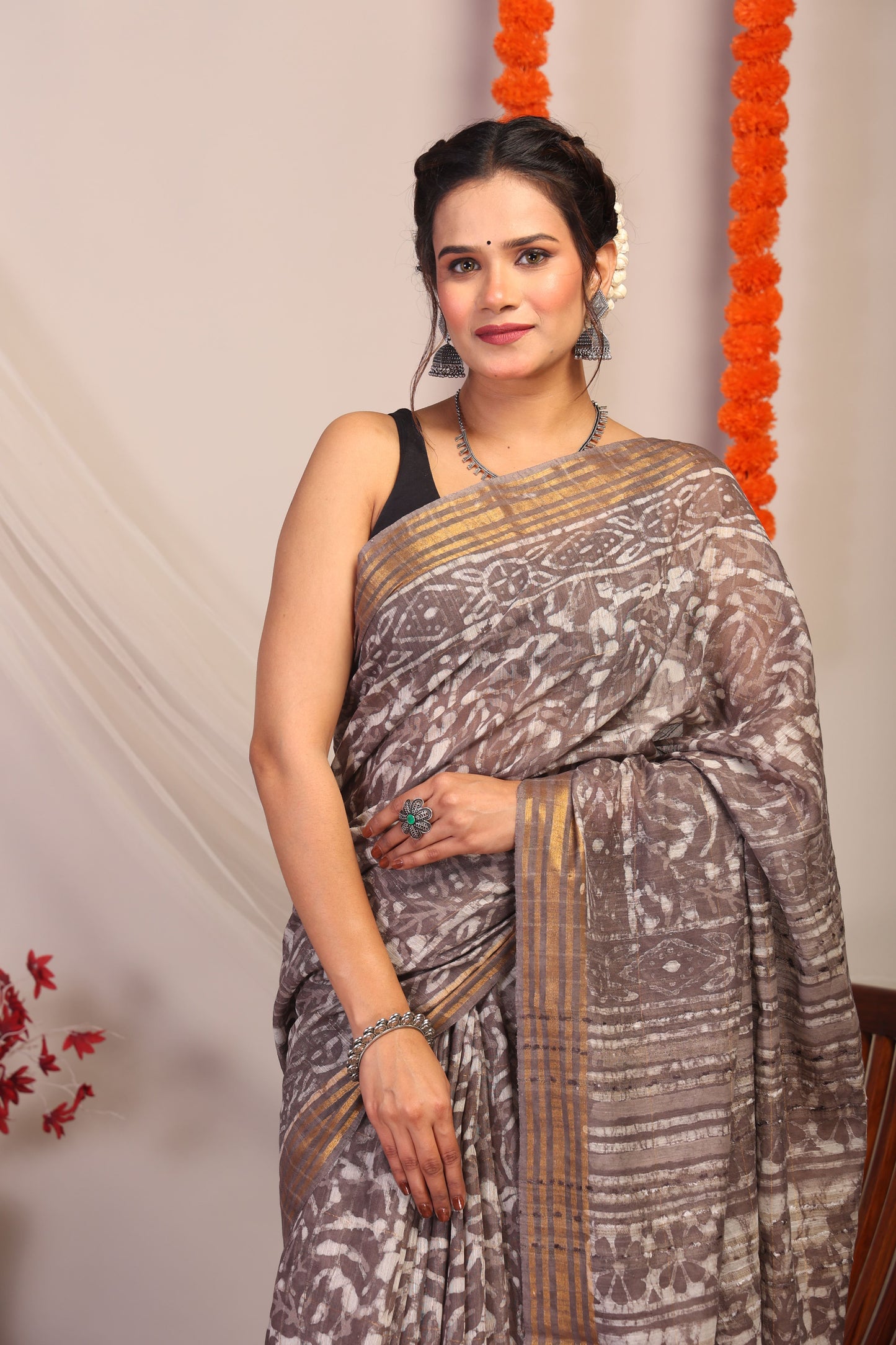 Anuttara Bhagalpuri Brown Cotton Silk Floral Saree with Unstitched Blouse_AFS1181-FS
