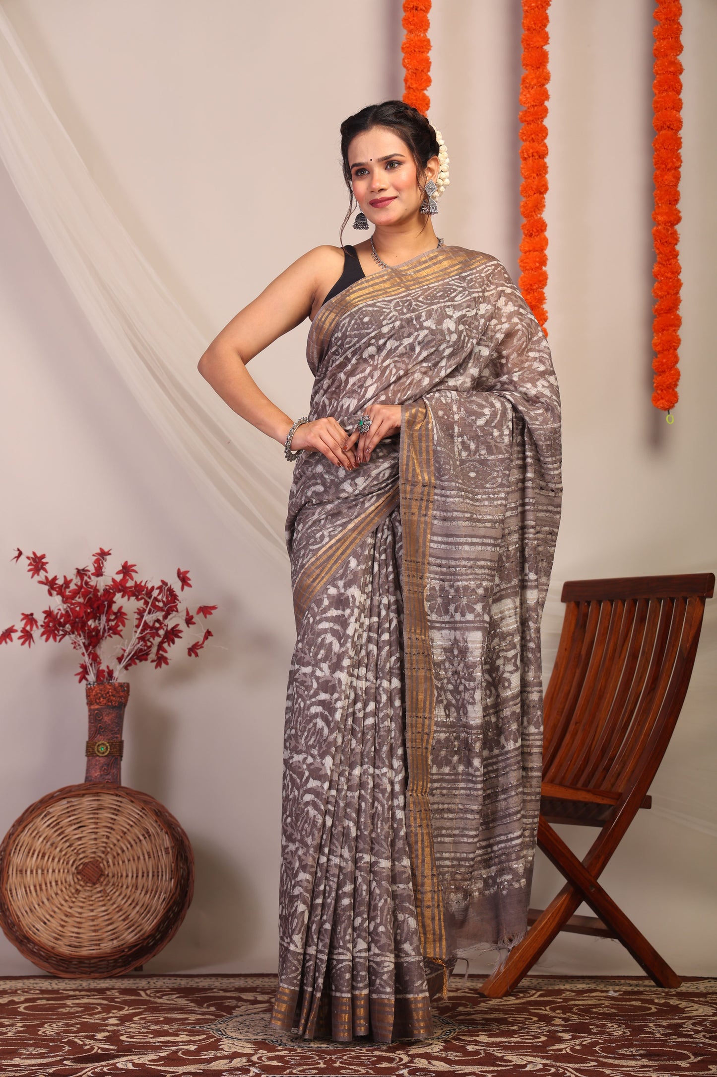 Anuttara Bhagalpuri Brown Cotton Silk Floral Saree with Unstitched Blouse_AFS1181-FS