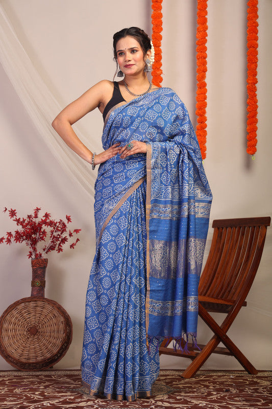 Anuttara Bhagalpuri Blue Cotton Silk Floral Saree with Unstitched Blouse_AFS1186-FS