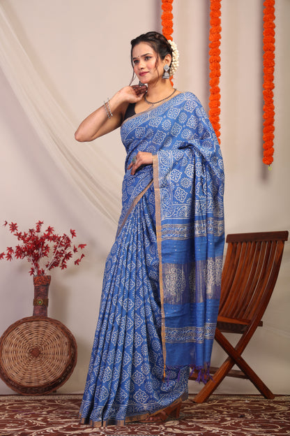 Anuttara Bhagalpuri Blue Cotton Silk Floral Saree with Unstitched Blouse_AFS1186-FS