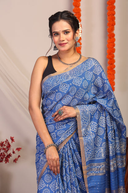 Anuttara Bhagalpuri Blue Cotton Silk Floral Saree with Unstitched Blouse_AFS1186-FS