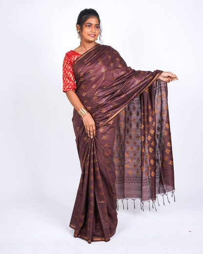 Anuttara Women's Brown Bhagalpuri Cotton Silk Golden Border Solid Ethnic Saree With Blouse_AFS1205-FS