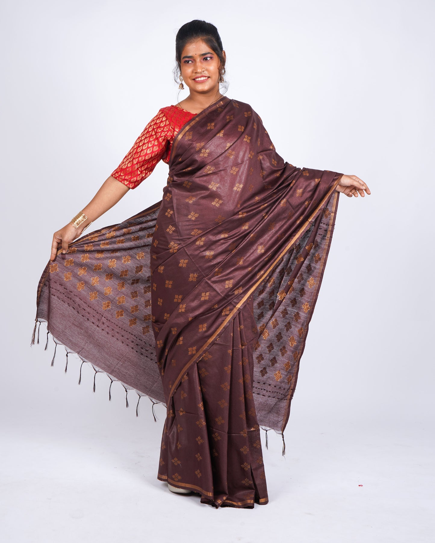 Anuttara Women's Brown Bhagalpuri Cotton Silk Golden Border Solid Ethnic Saree With Blouse_AFS1205-FS