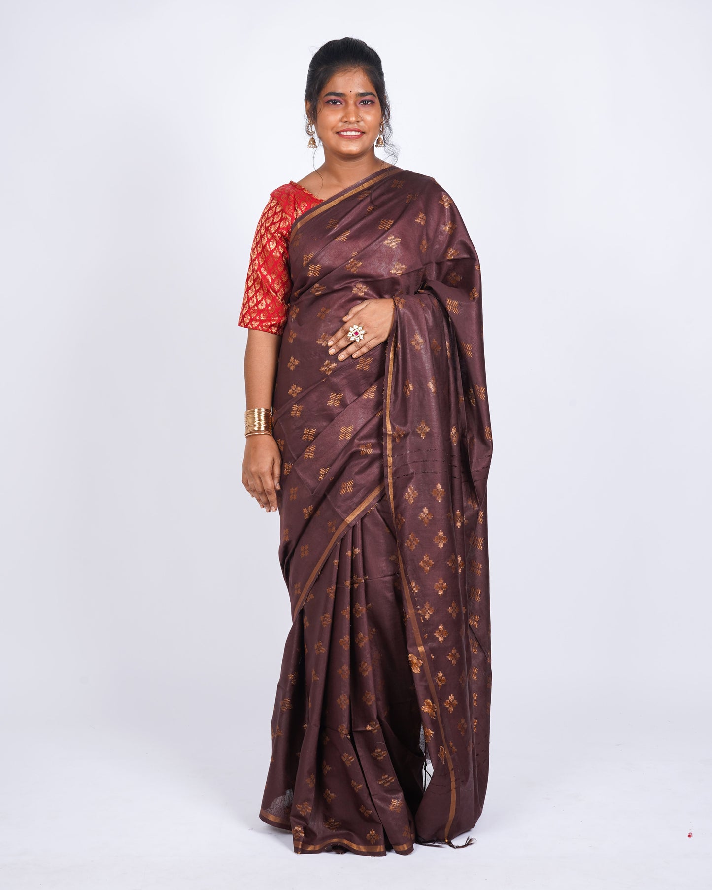 Anuttara Women's Brown Bhagalpuri Cotton Silk Golden Border Solid Ethnic Saree With Blouse_AFS1205-FS