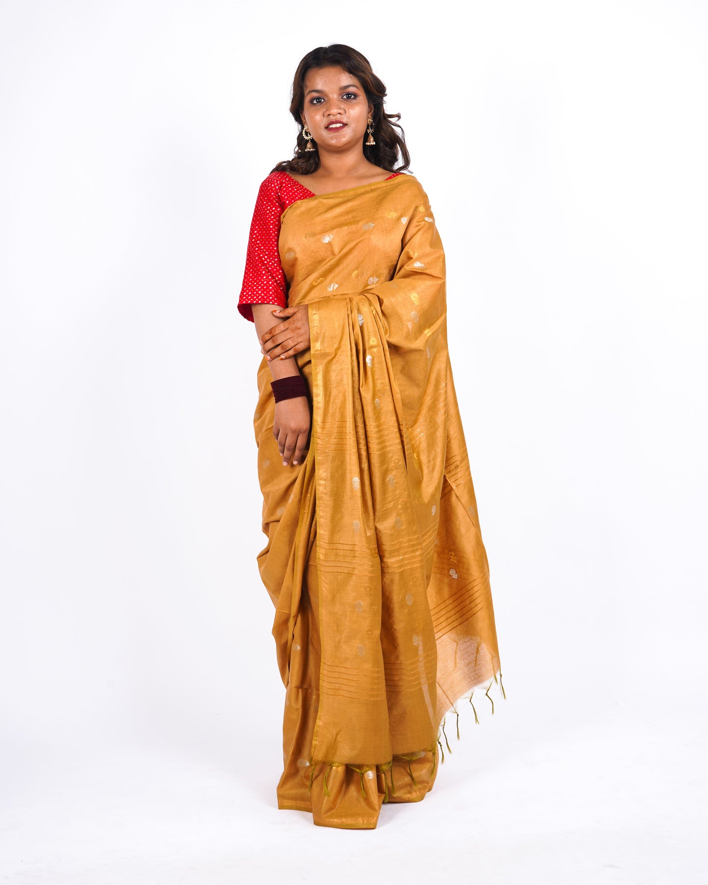 Anuttara Women's Mustard Bhagalpuri Cotton Silk Golden Border Solid Ethnic Saree With Blouse_AFS1209-FS