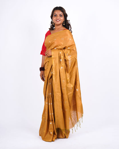 Anuttara Women's Mustard Bhagalpuri Cotton Silk Golden Border Solid Ethnic Saree With Blouse_AFS1209-FS