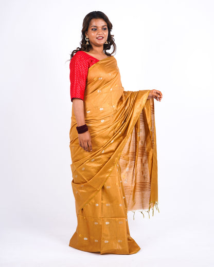 Anuttara Women's Mustard Bhagalpuri Cotton Silk Golden Border Solid Ethnic Saree With Blouse_AFS1209-FS