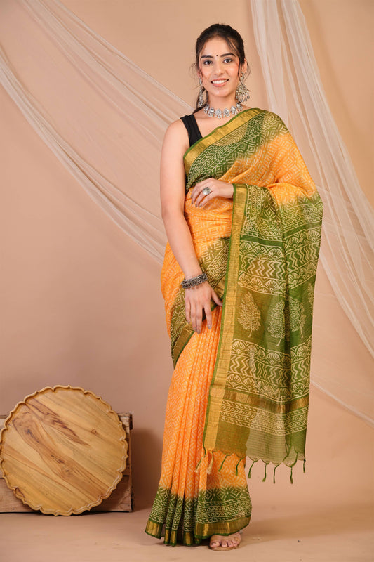 Anuttara Bhagalpuri Yellow::Green Kota Doria Floral, Geometric Saree with Unstitched Blouse_AFS1340-FS