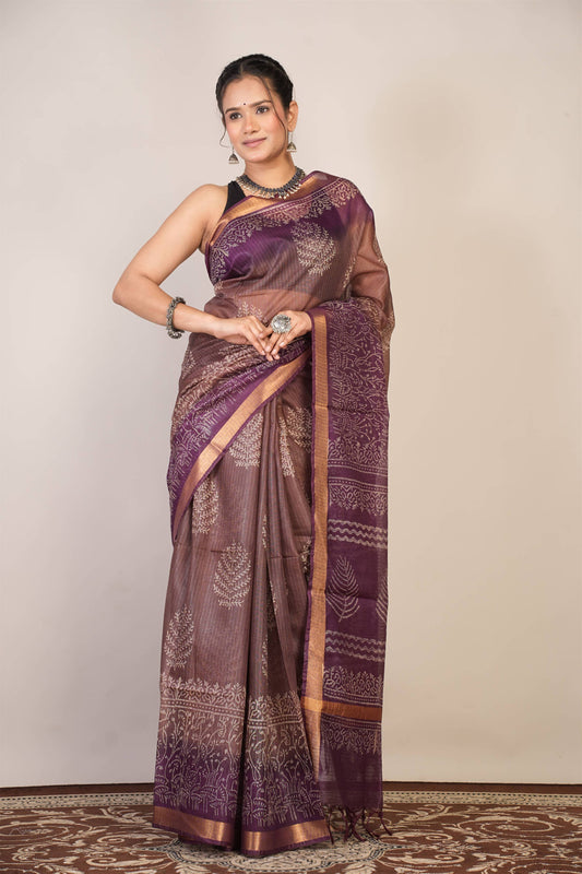 Anuttara Bhagalpuri Brown::Violet Kota Doria Floral Saree with Unstitched Blouse_AFS1341-FS