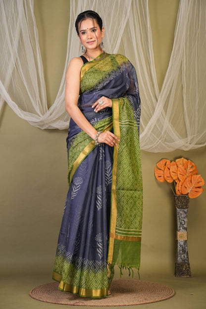 Anuttara Bhagalpuri Navy::Green Kota Doria Floral, Geometric Saree with Unstitched Blouse_AFS1342-FS
