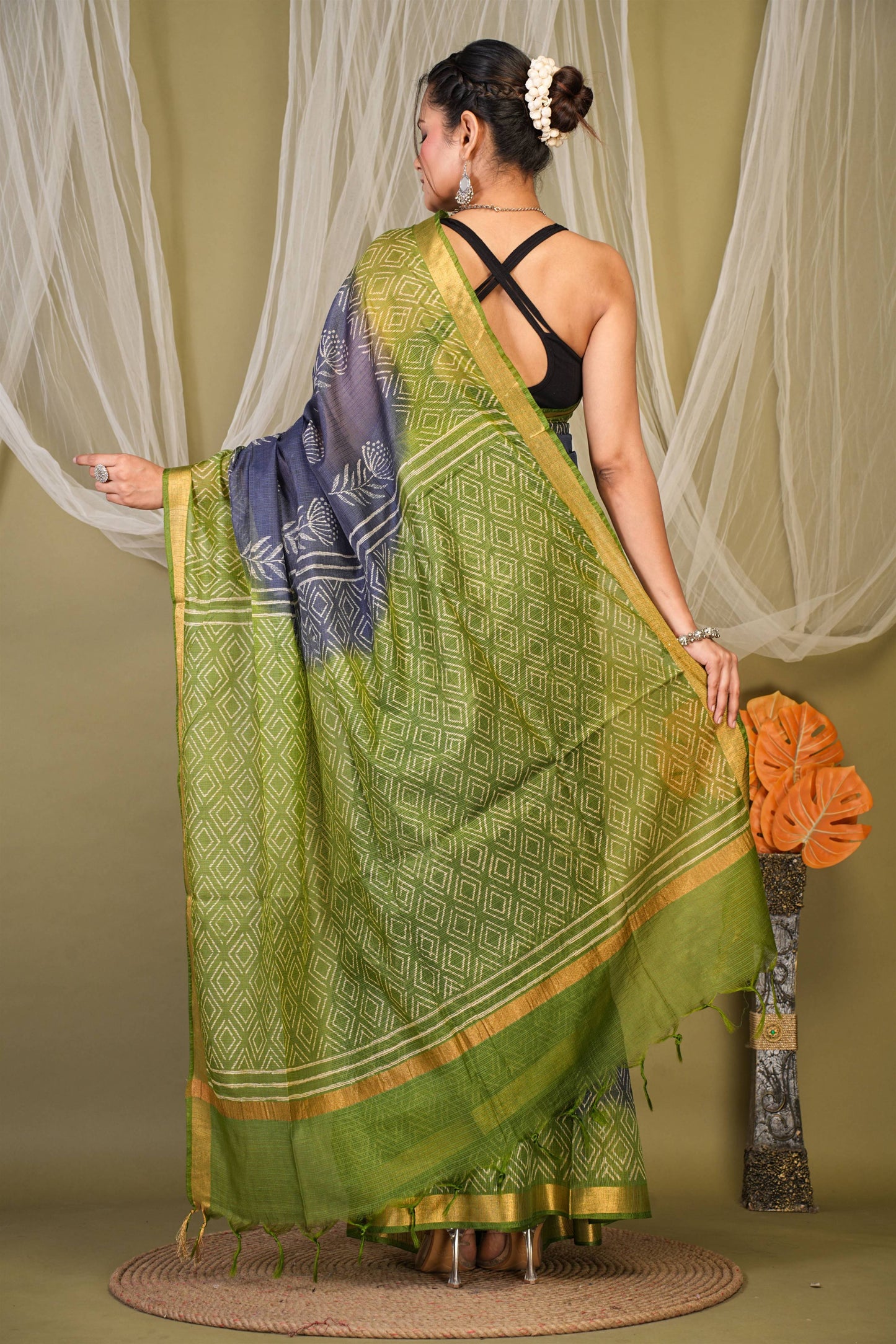 Anuttara Bhagalpuri Navy::Green Kota Doria Floral, Geometric Saree with Unstitched Blouse_AFS1342-FS