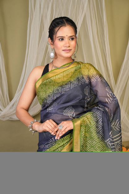 Anuttara Bhagalpuri Navy::Green Kota Doria Floral, Geometric Saree with Unstitched Blouse_AFS1342-FS