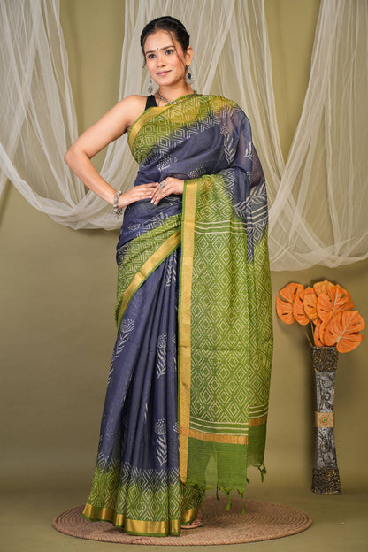 Anuttara Bhagalpuri Navy::Green Kota Doria Floral, Geometric Saree with Unstitched Blouse_AFS1342-FS