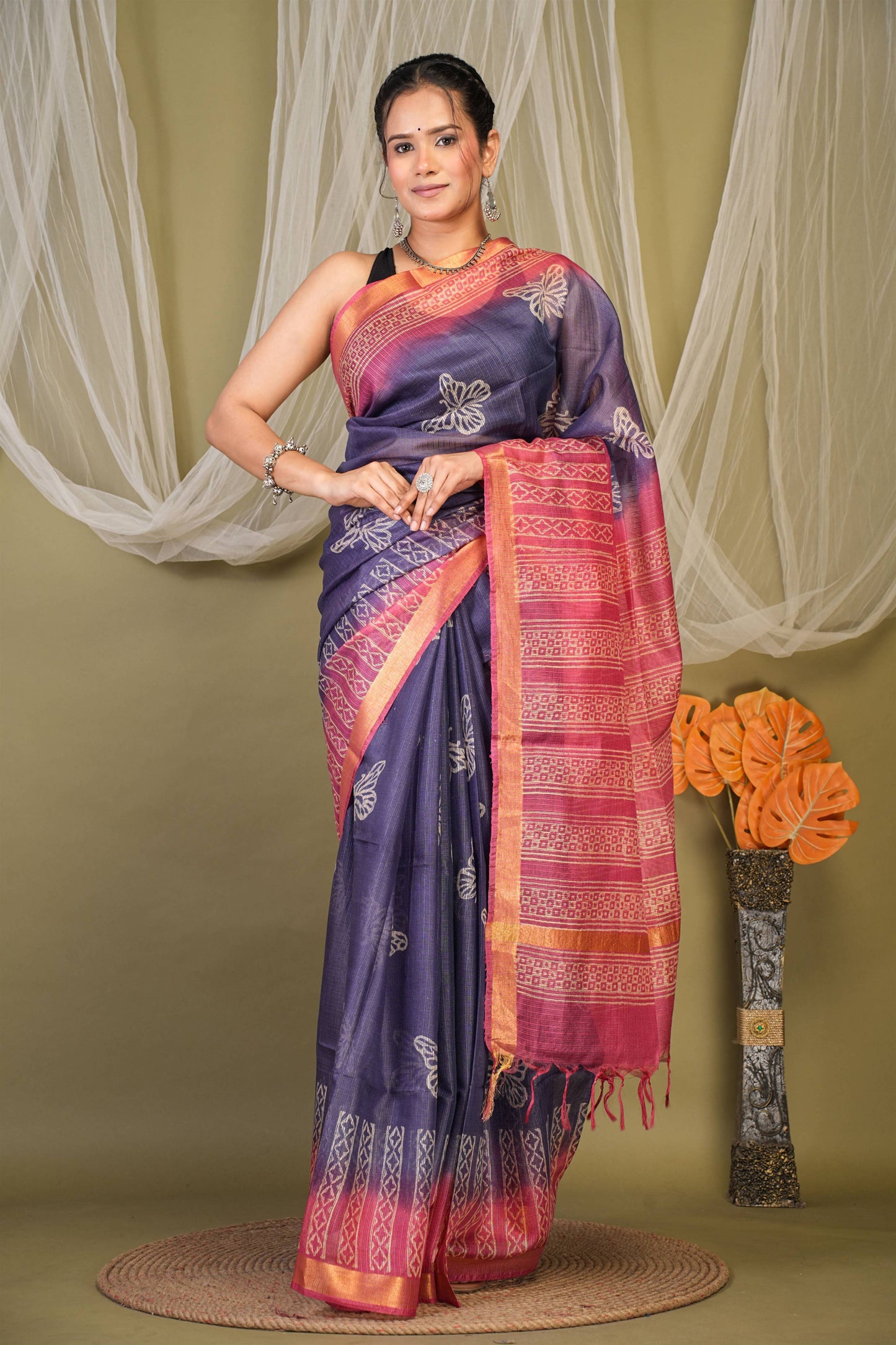 Anuttara Bhagalpuri Blue::Pink Kota Doria Floral, Geometric Saree with Unstitched Blouse_AFS1343-FS
