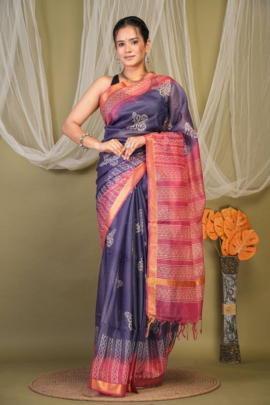 Anuttara Bhagalpuri Blue::Pink Kota Doria Floral, Geometric Saree with Unstitched Blouse_AFS1343-FS