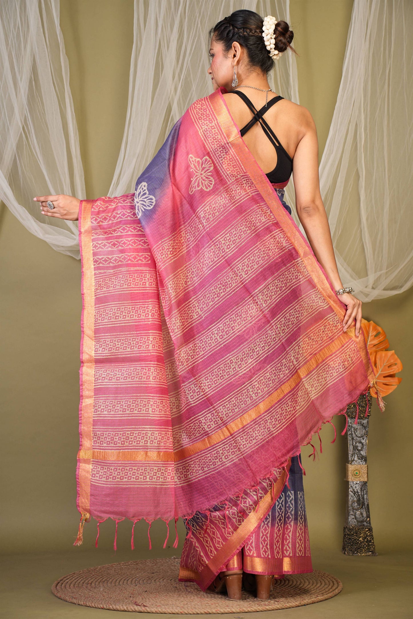 Anuttara Bhagalpuri Blue::Pink Kota Doria Floral, Geometric Saree with Unstitched Blouse_AFS1343-FS