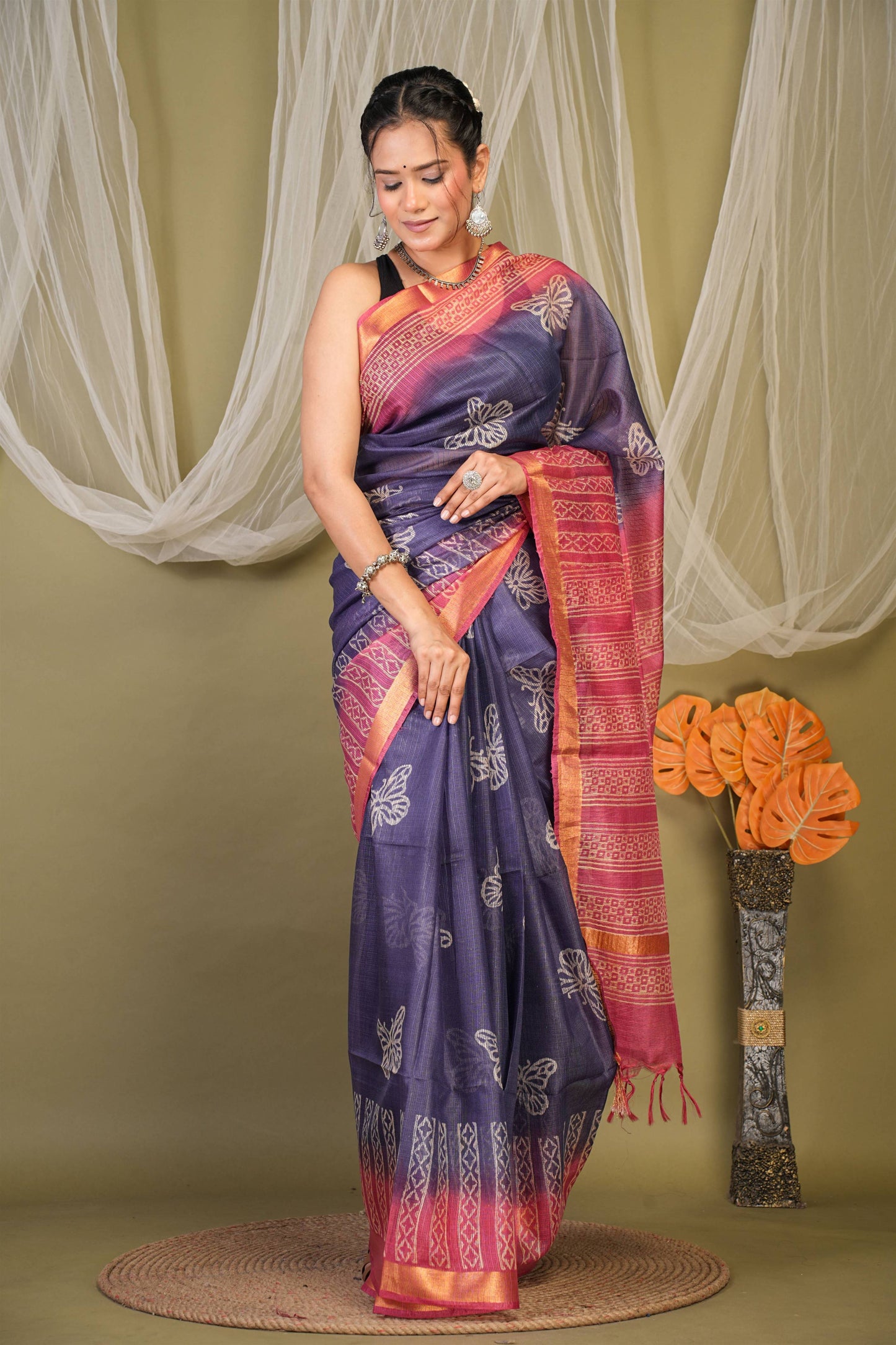 Anuttara Bhagalpuri Blue::Pink Kota Doria Floral, Geometric Saree with Unstitched Blouse_AFS1343-FS