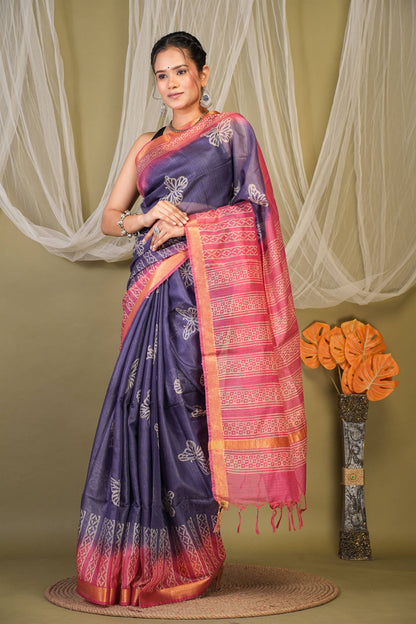 Anuttara Bhagalpuri Blue::Pink Kota Doria Floral, Geometric Saree with Unstitched Blouse_AFS1343-FS