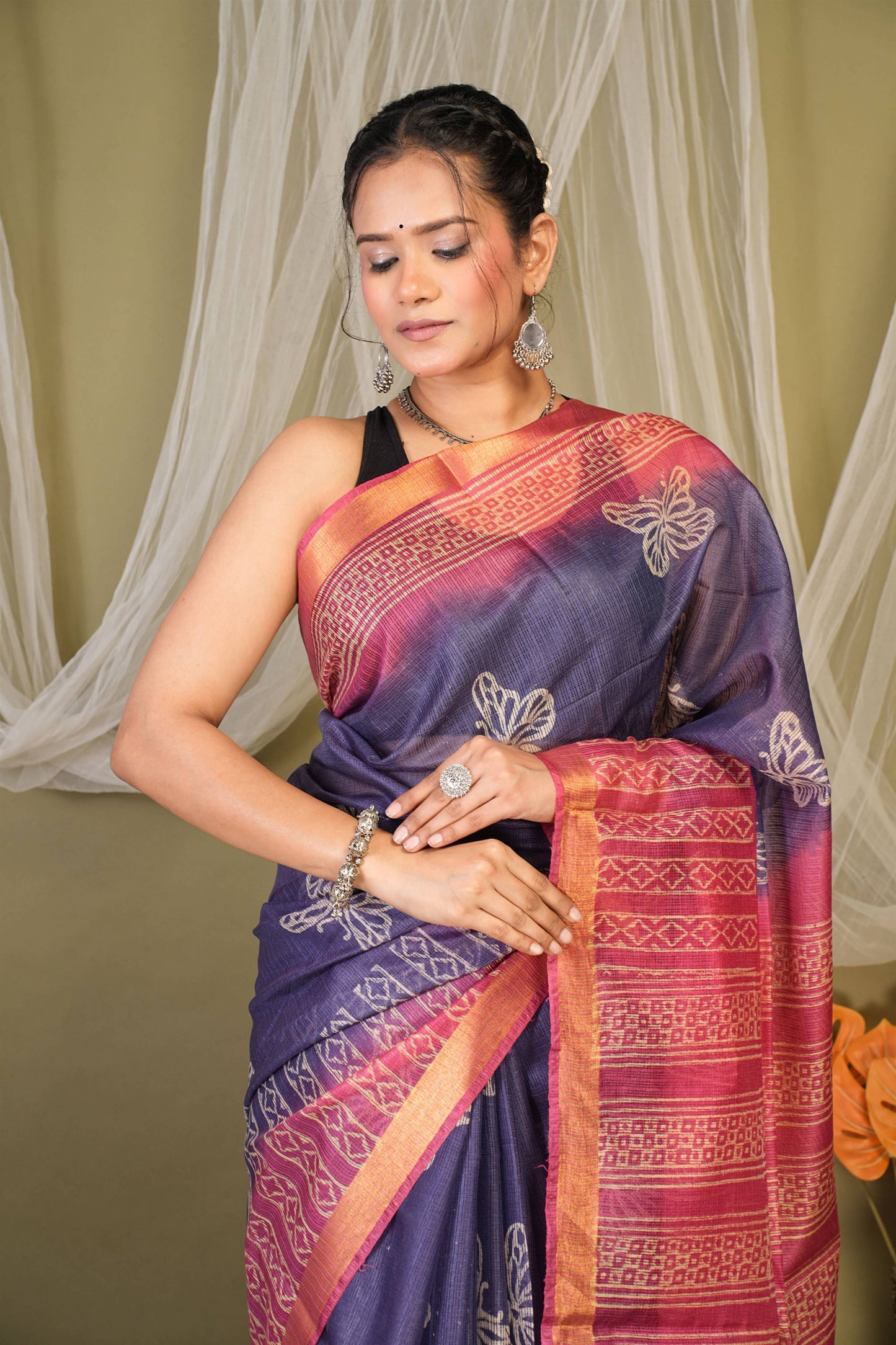 Anuttara Bhagalpuri Blue::Pink Kota Doria Floral, Geometric Saree with Unstitched Blouse_AFS1343-FS
