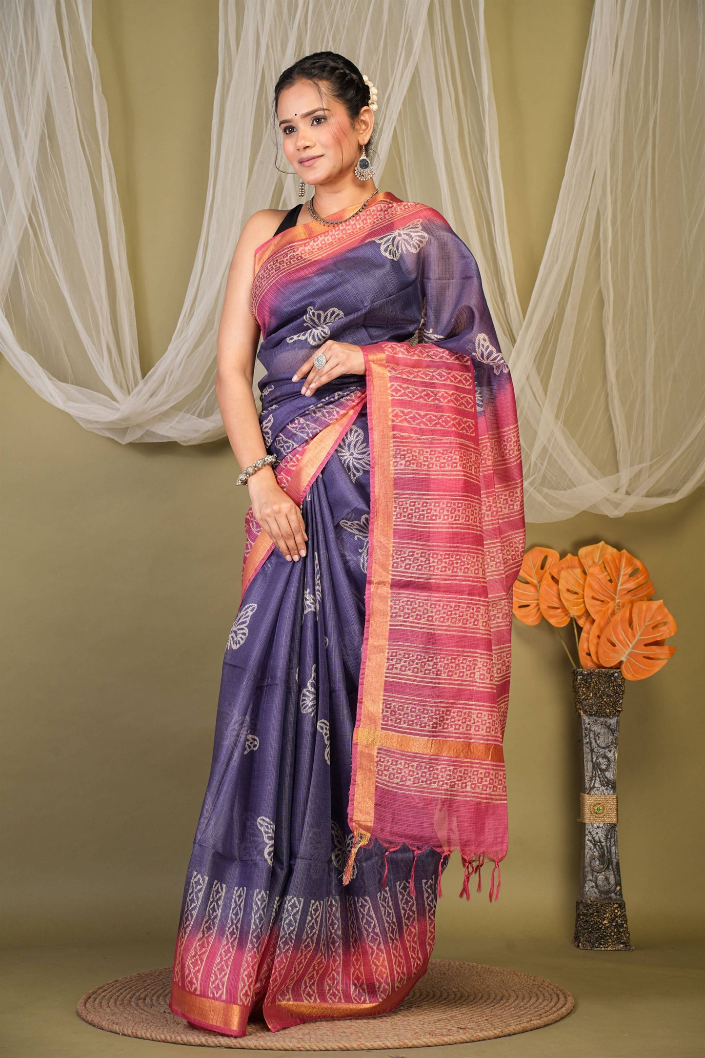 Anuttara Bhagalpuri Blue::Pink Kota Doria Floral, Geometric Saree with Unstitched Blouse_AFS1343-FS