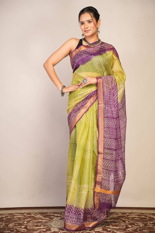 Anuttara Bhagalpuri Green::Violet Kota Doria Floral, Zig-Zag Saree with Unstitched Blouse_AFS1344-FS
