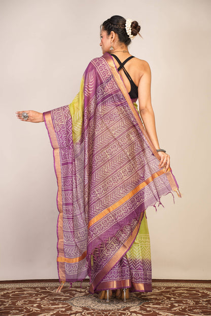Anuttara Bhagalpuri Green::Violet Kota Doria Floral, Zig-Zag Saree with Unstitched Blouse_AFS1344-FS