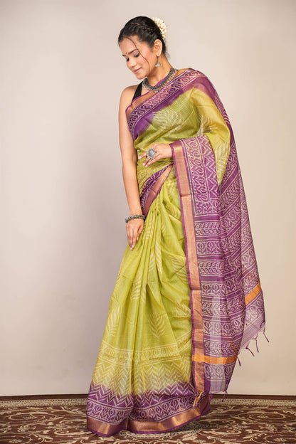 Anuttara Bhagalpuri Green::Violet Kota Doria Floral, Zig-Zag Saree with Unstitched Blouse_AFS1344-FS