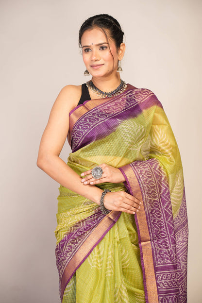 Anuttara Bhagalpuri Green::Violet Kota Doria Floral, Zig-Zag Saree with Unstitched Blouse_AFS1344-FS