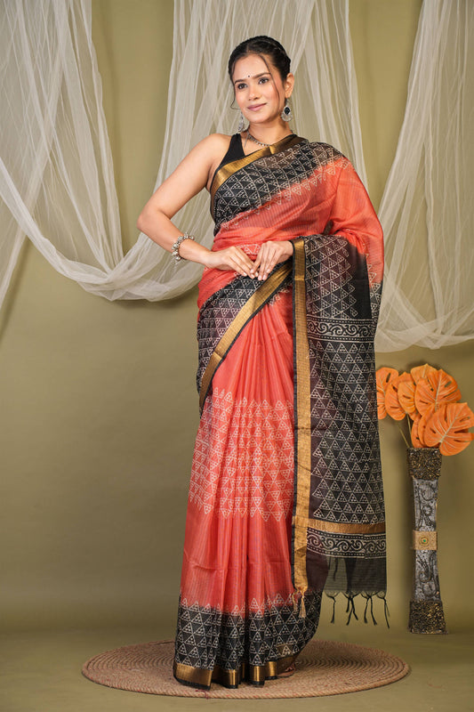 Anuttara Bhagalpuri Red::Black Kota Doria Geometric Saree with Unstitched Blouse_AFS1345-FS