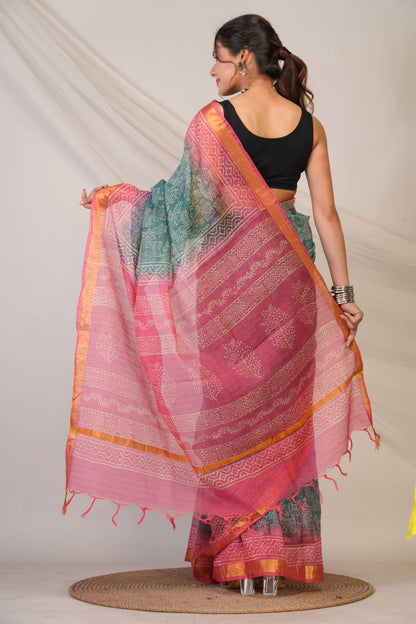 Anuttara Bhagalpuri Teal::Pink Kota Doria Animal, Trible, Floral Saree with Unstitched Blouse_AFS1346-FS