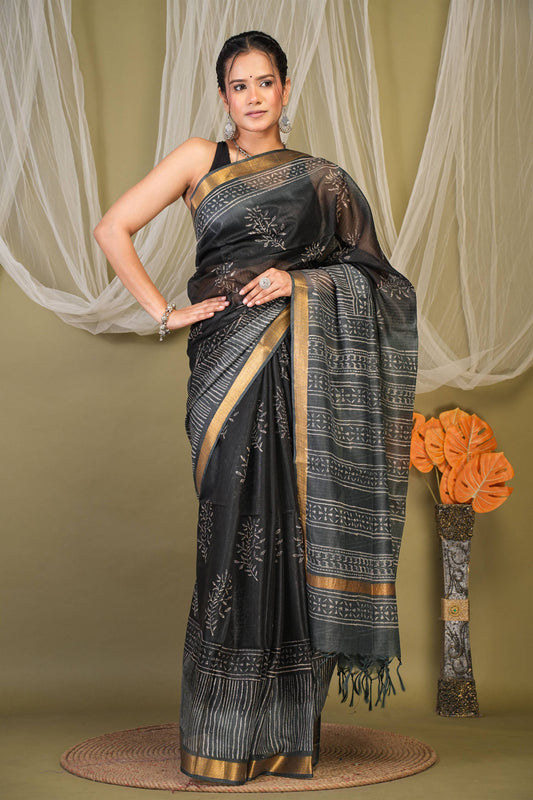 Anuttara Bhagalpuri Black::Grey Kota Doria Floral Saree with Unstitched Blouse_AFS1347-FS