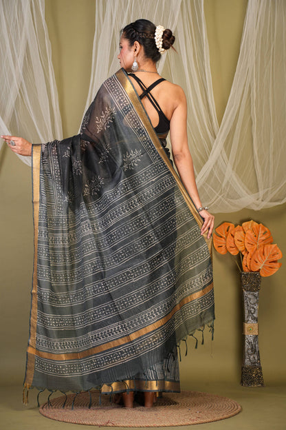 Anuttara Bhagalpuri Black::Grey Kota Doria Floral Saree with Unstitched Blouse_AFS1347-FS