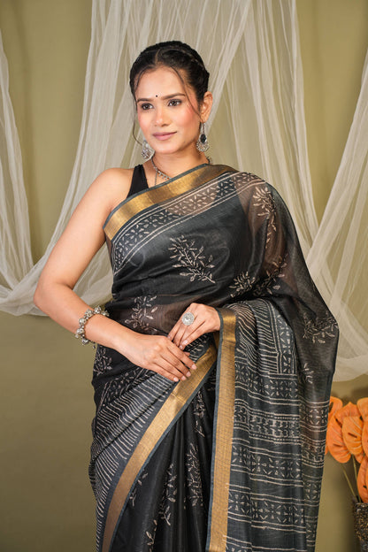 Anuttara Bhagalpuri Black::Grey Kota Doria Floral Saree with Unstitched Blouse_AFS1347-FS