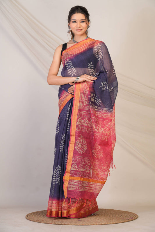 Anuttara Bhagalpuri Navy::Pink Kota Doria Floral Saree with Unstitched Blouse_AFS1348-FS