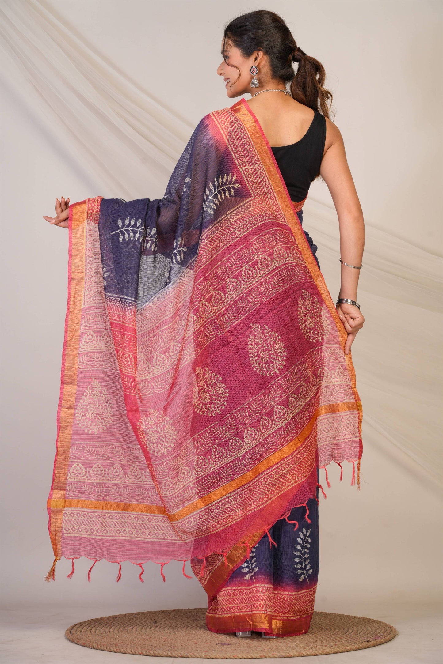 Anuttara Bhagalpuri Navy::Pink Kota Doria Floral Saree with Unstitched Blouse_AFS1348-FS