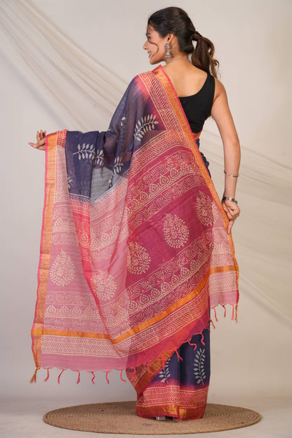 Anuttara Bhagalpuri Navy::Pink Kota Doria Floral Saree with Unstitched Blouse_AFS1348-FS