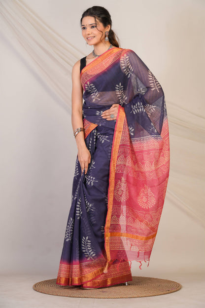 Anuttara Bhagalpuri Navy::Pink Kota Doria Floral Saree with Unstitched Blouse_AFS1348-FS