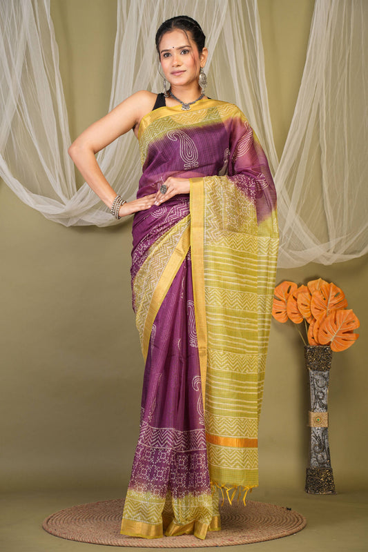 Anuttara Bhagalpuri Purple::Green Kota Doria Paisley Saree with Unstitched Blouse_AFS1349-FS