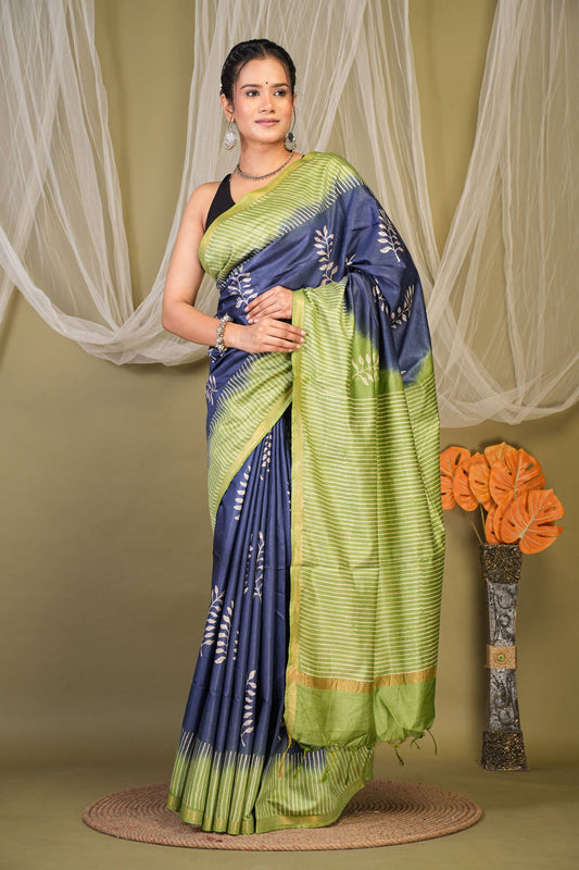 Anuttara Bhagalpuri Navy::Green Cotton Silk Floral, Stripe Saree with Unstitched Blouse_AFS1350-FS