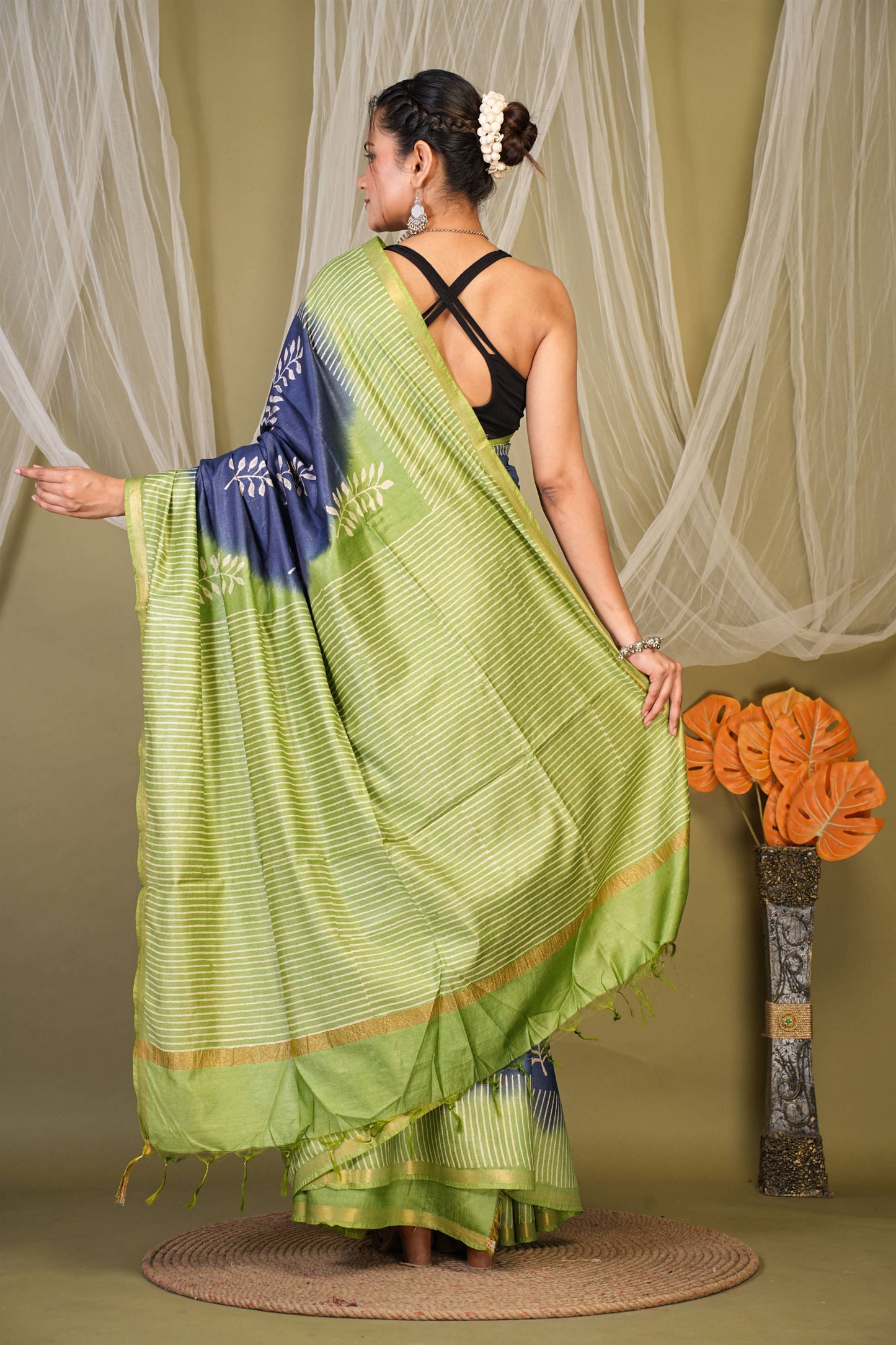 Anuttara Bhagalpuri Navy::Green Cotton Silk Floral, Stripe Saree with Unstitched Blouse_AFS1350-FS