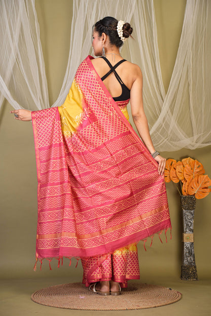 Anuttara Bhagalpuri Yellow::Red Cotton Silk Floral, Geometric Saree with Unstitched Blouse_AFS1351-FS