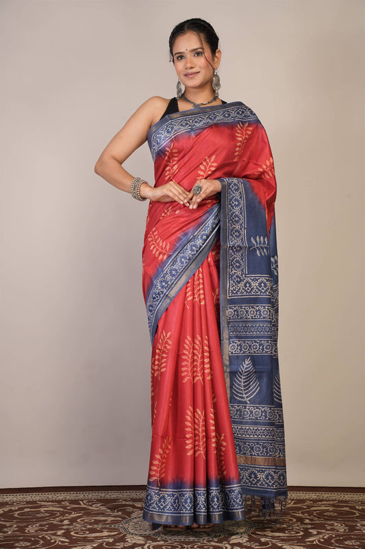 Anuttara Bhagalpuri Red::Blue Cotton Silk Floral Saree with Unstitched Blouse_AFS1352-FS