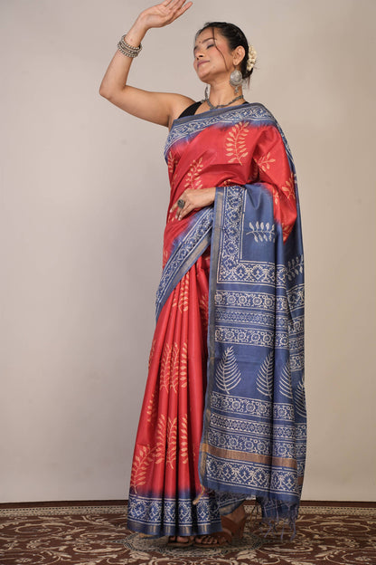 Anuttara Bhagalpuri Red::Blue Cotton Silk Floral Saree with Unstitched Blouse_AFS1352-FS