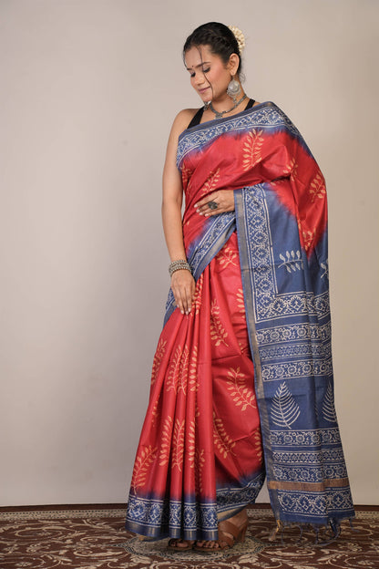 Anuttara Bhagalpuri Red::Blue Cotton Silk Floral Saree with Unstitched Blouse_AFS1352-FS