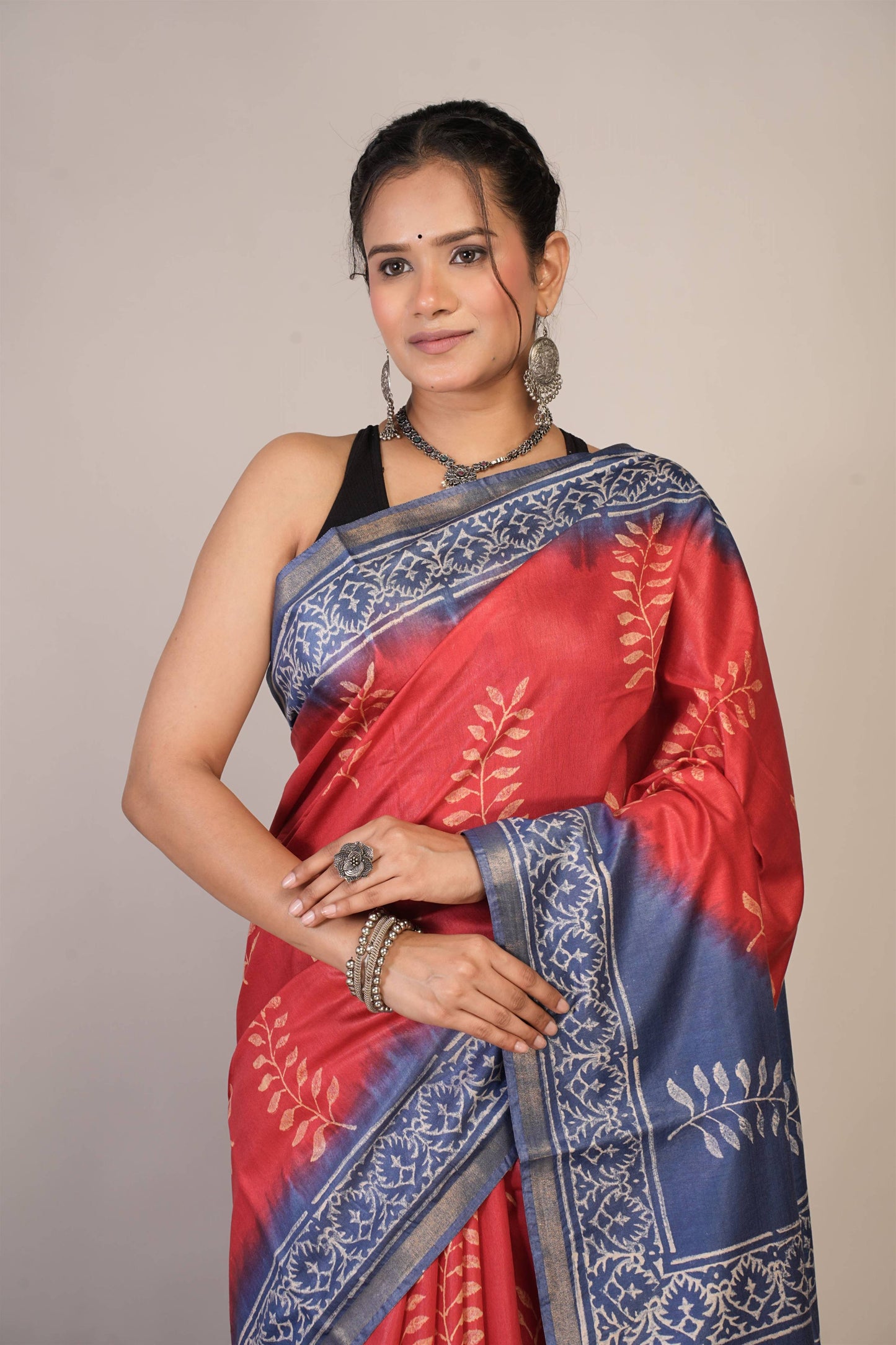 Anuttara Bhagalpuri Red::Blue Cotton Silk Floral Saree with Unstitched Blouse_AFS1352-FS