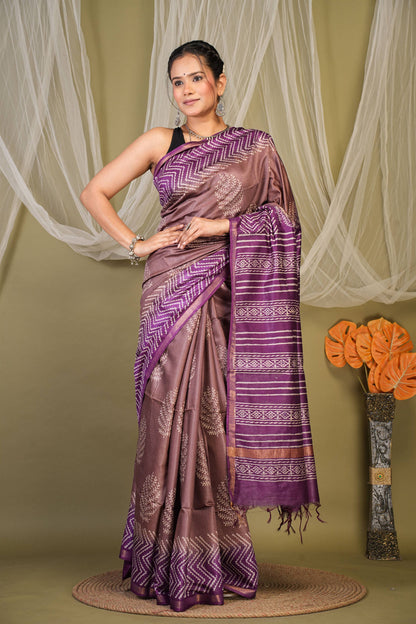 Anuttara Bhagalpuri Brown::Violet Cotton Silk Floral, Zig-Zag Saree with Unstitched Blouse_AFS1353-FS