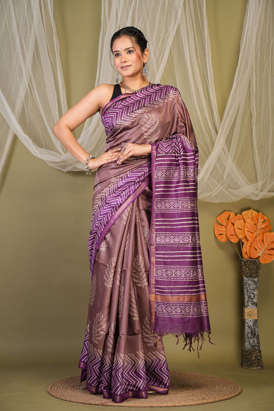 Anuttara Bhagalpuri Brown::Violet Cotton Silk Floral, Zig-Zag Saree with Unstitched Blouse_AFS1353-FS