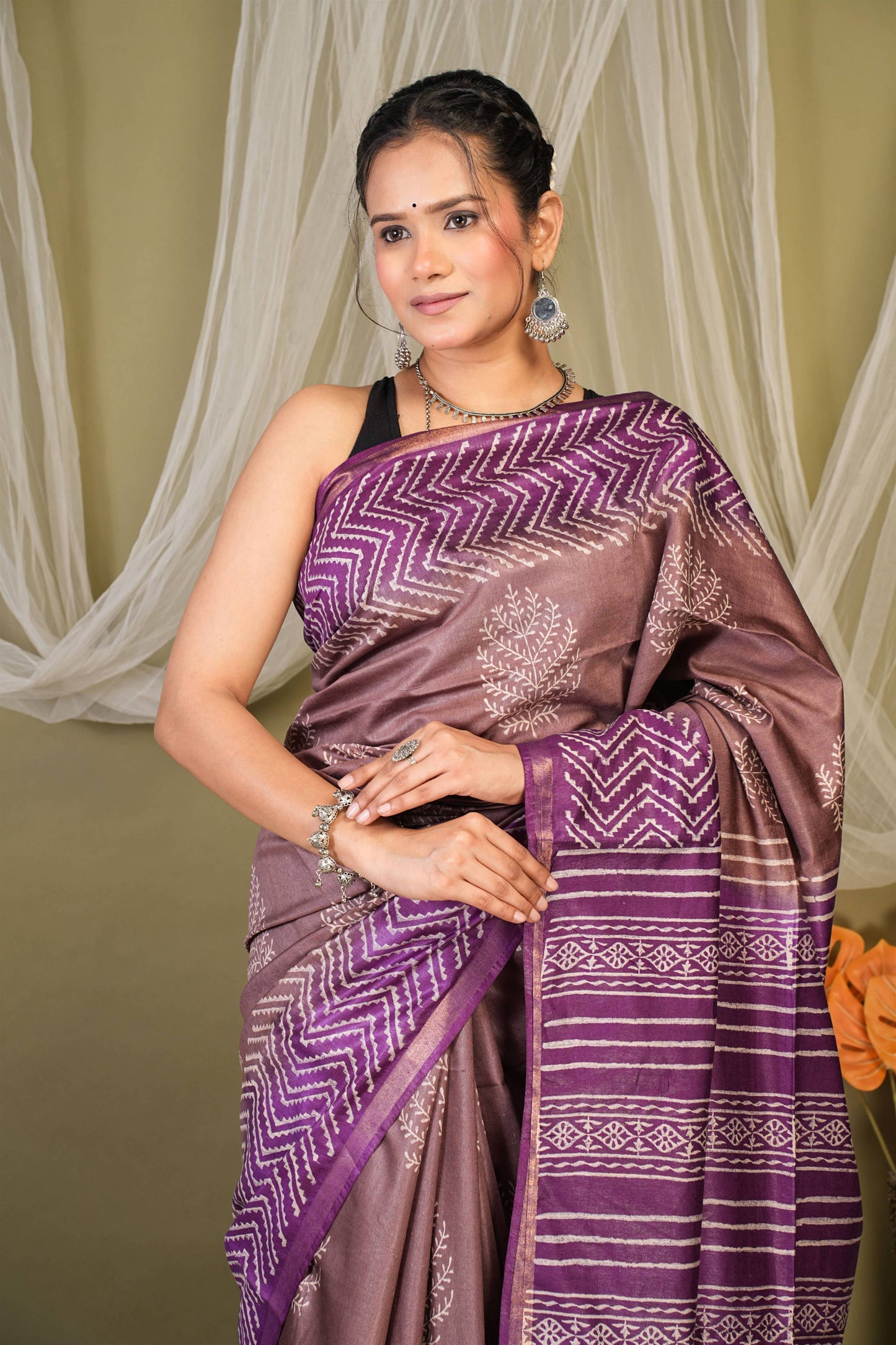 Anuttara Bhagalpuri Brown::Violet Cotton Silk Floral, Zig-Zag Saree with Unstitched Blouse_AFS1353-FS